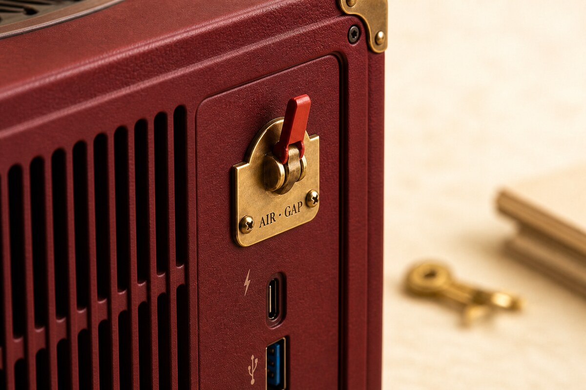 Macro photograph of the brass AIR-GAP toggle switch on the side of the Creator & Brain hardware unit — small red flip-up toggle, serif AIR · GAP engraving, two brass mounting screws