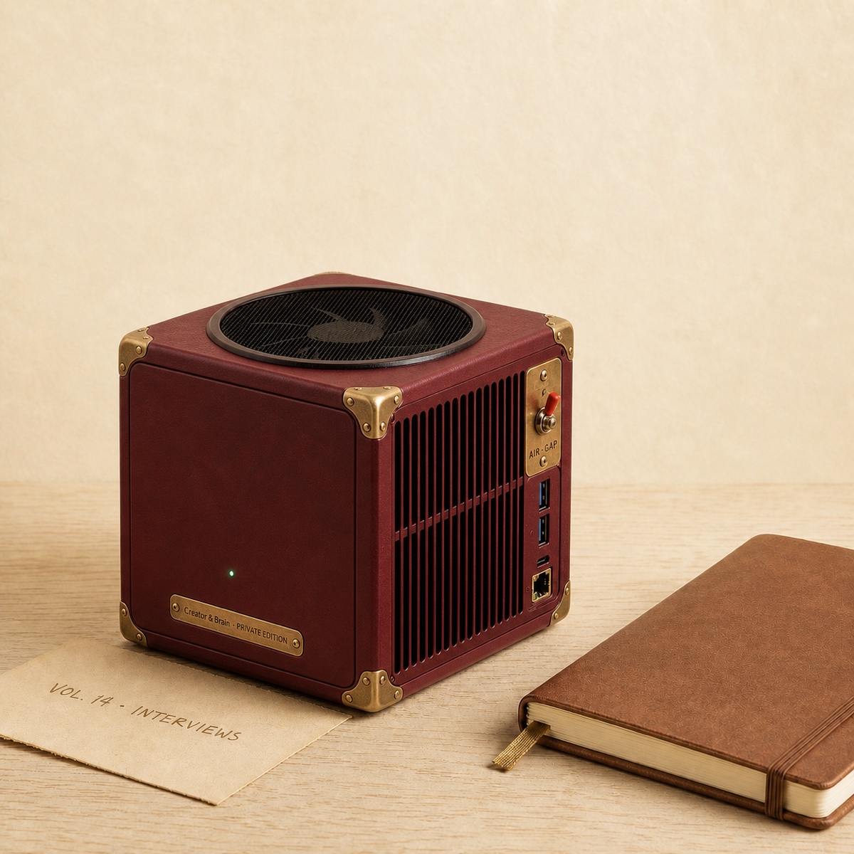 Creator & Brain hardware unit — matte-black cube with brass AIR-GAP toggle, status LED, on a creator's wooden desk